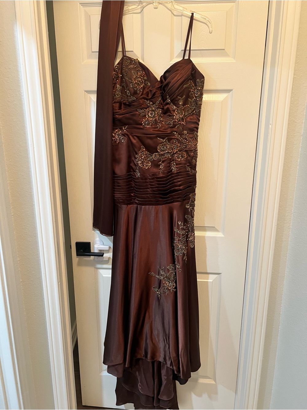 Jovani Brown Satin High-Low Embellished Evening Dress